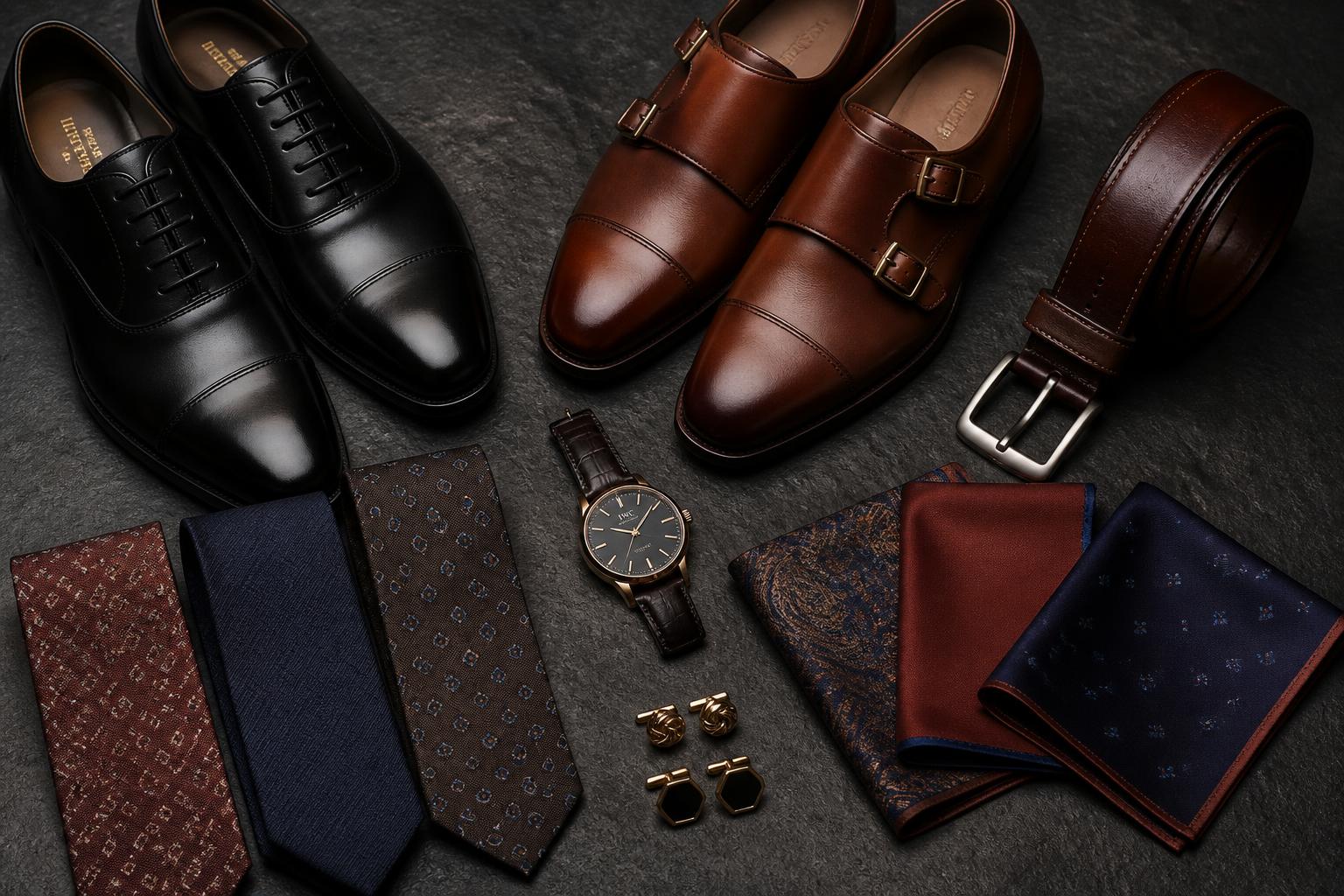 Oxford shoes, monk straps, silk ties, cufflinks, pocket squares, belt and watch laid out on dark stone
