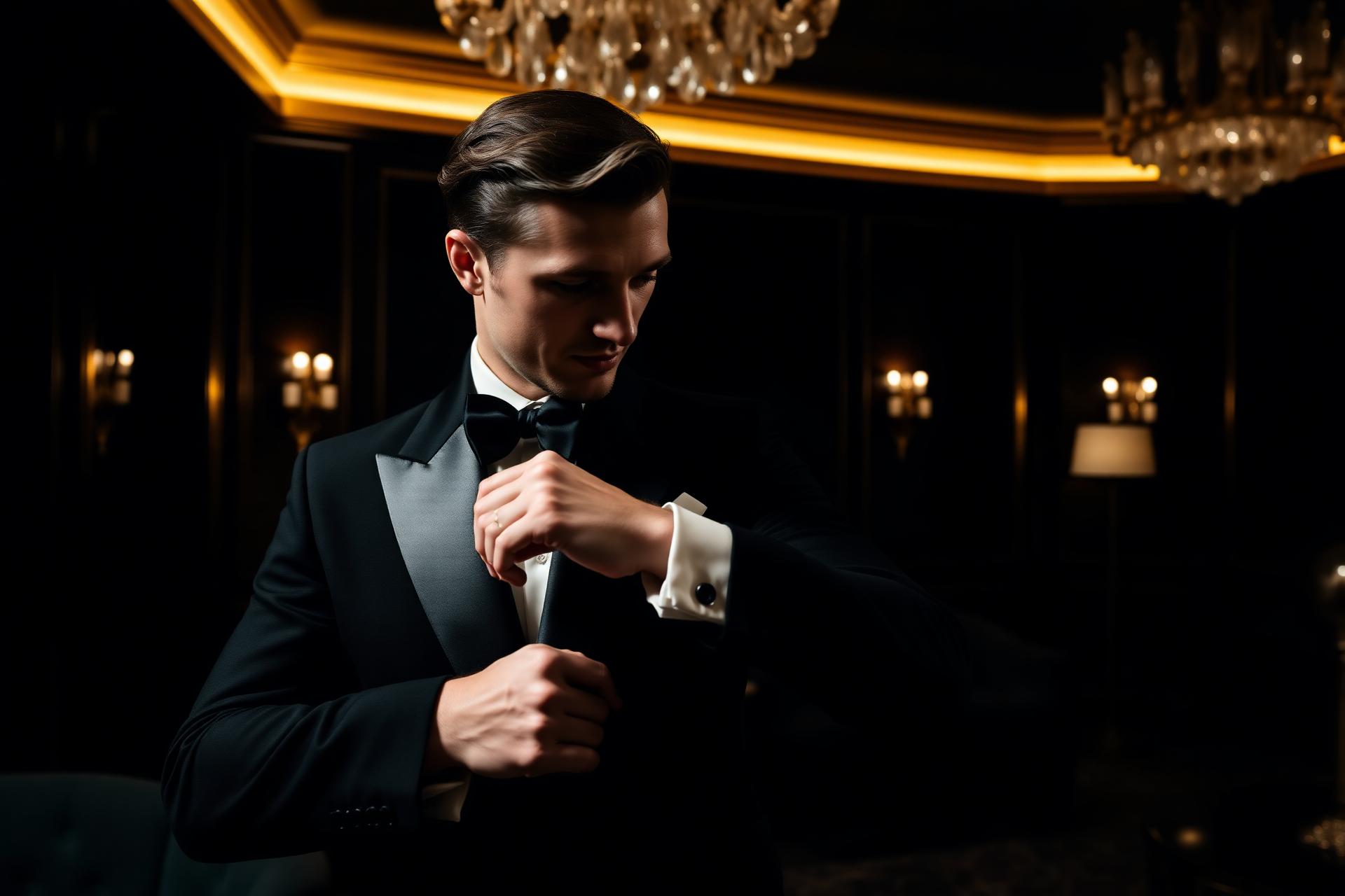 Man in a black silk-trimmed tuxedo in a dark lounge